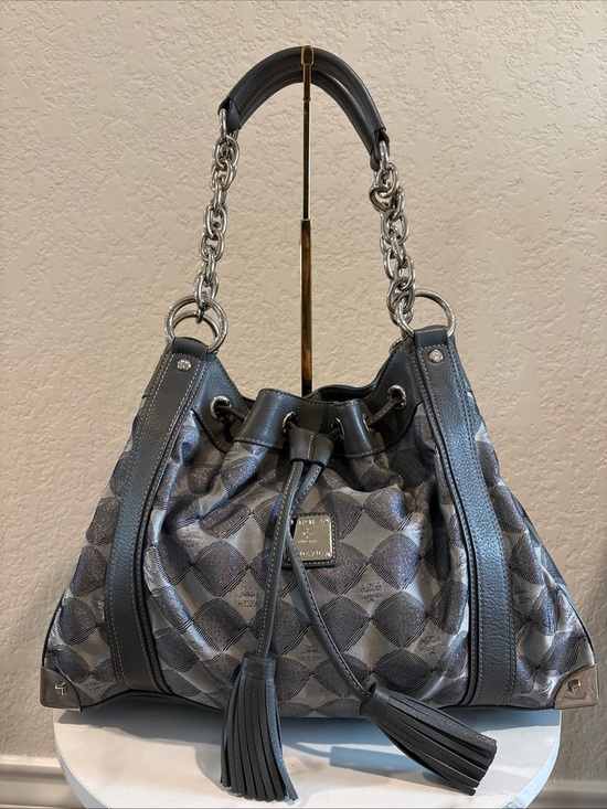 MCM Handbags - MCM Gray Drawstring Tote Bag with Chain Handle
